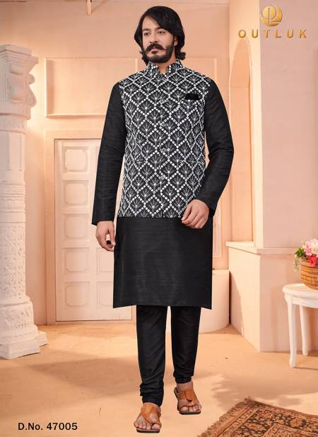 Black New Exclusive Wear Art Silk Jacquard Print Kurta Pajama With Jacket Mens Collection 47005